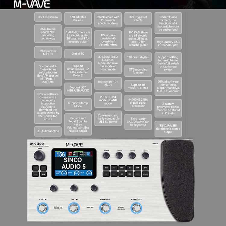 مولتی افکت m vave mk300 MK-300 Guitar Multi-Effects Processor Pedal with 320+ Effects,160 Presets,Looper, Expression Pedal, Drum Machine,MIDI Port, IR Loader,Neural Network Modeling,Guitar/Bass