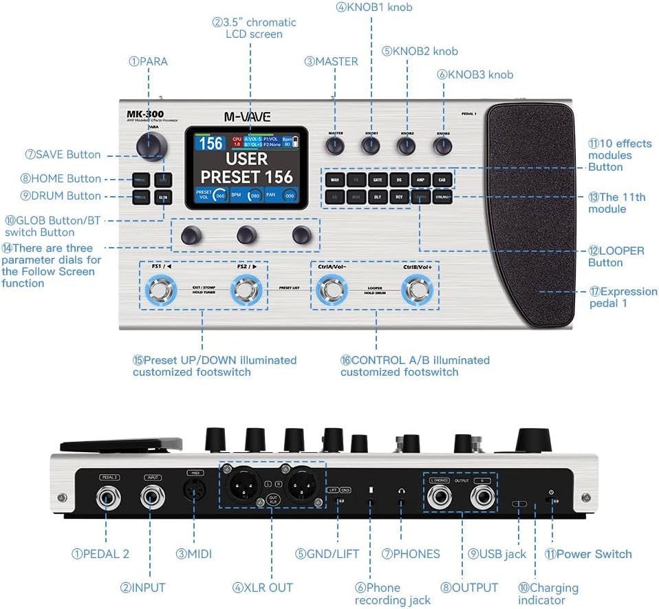 مولتی افکت m vave mk300 MK-300 Guitar Multi-Effects Processor Pedal with 320+ Effects,160 Presets,Looper, Expression Pedal, Drum Machine,MIDI Port, IR Loader,Neural Network Modeling，Guitar/Bass