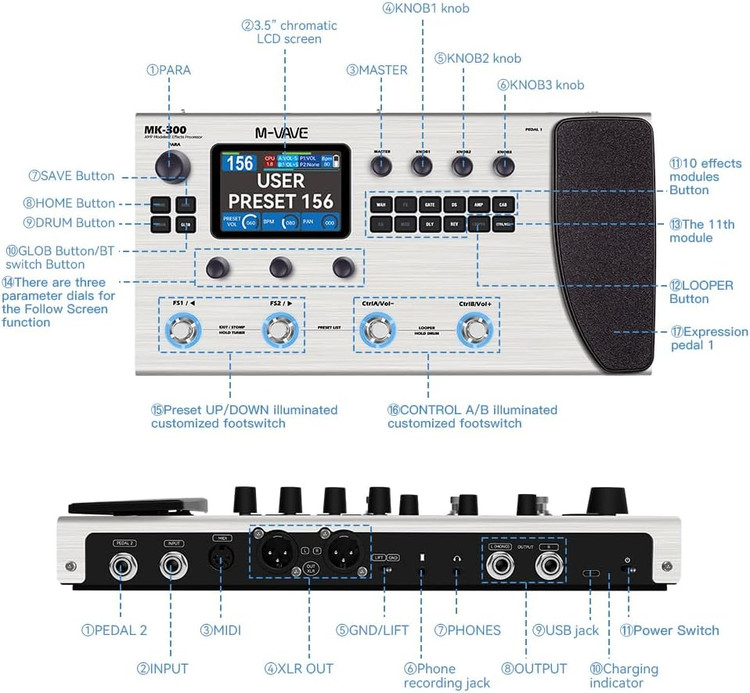 مولتی افکت m vave mk300 MK-300 Guitar Multi-Effects Processor Pedal with 320+ Effects,160 Presets,Looper, Expression Pedal, Drum Machine,MIDI Port, IR Loader,Neural Network Modeling,Guitar/Bass