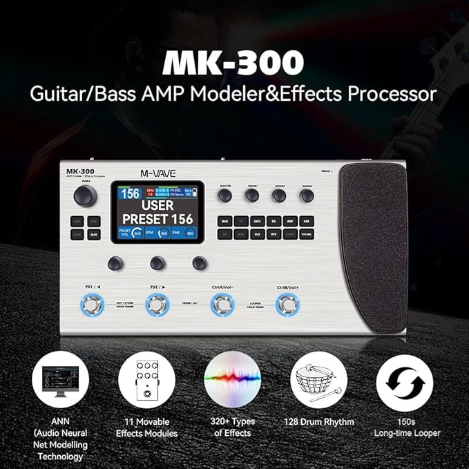 مولتی افکت m vave mk300 MK-300 Guitar Multi-Effects Processor Pedal with 320+ Effects,160 Presets,Looper, Expression Pedal, Drum Machine,MIDI Port, IR Loader,Neural Network Modeling,Guitar/Bass