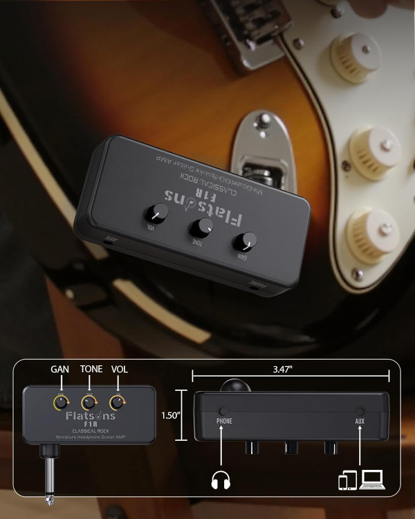F1R Mini Guitar Headphone Amp, Distortion Timbre Electric Guitar Headphone Amplifier with 3.5mm Earbud/AUX Jack, Classic Rock Tone Portable Amp for Silent Practice Indoor Travel Night