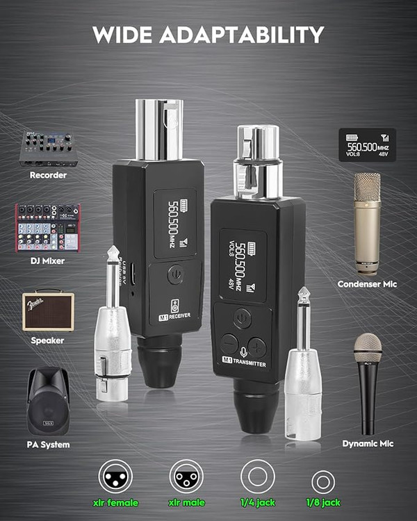 STRICH Wireless Microphone XLR Transmitter and Receiver, UHF Wireless Microphone System Plug-on, Wireless Mic Adapter with 48V Phantom Power for Dynamic Mic