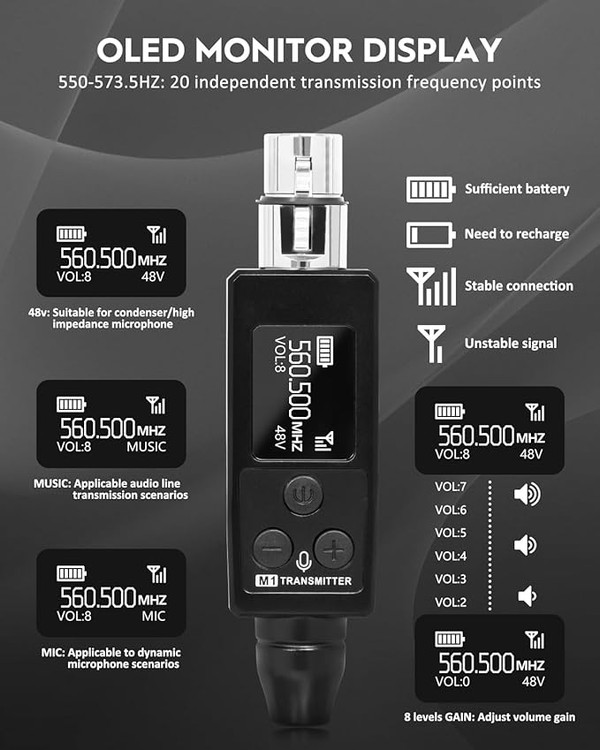 STRICH Wireless Microphone XLR Transmitter and Receiver, UHF Wireless Microphone System Plug-on, Wireless Mic Adapter with 48V Phantom Power for Dynamic Mic