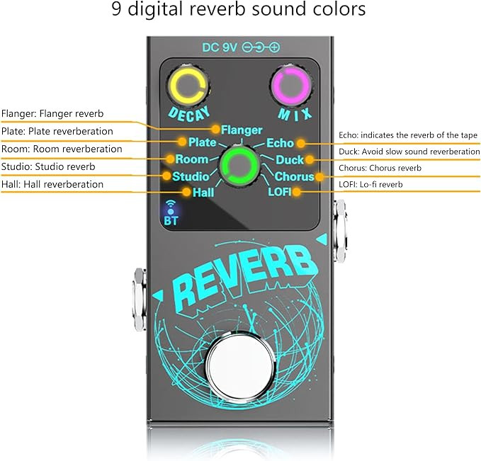 QINGFAN Guitar Reverbs Effector Single Block Reverbs Effector Digital Reverbs Guitar Effect Pedal 9 Modes Guitar Effect Pedal