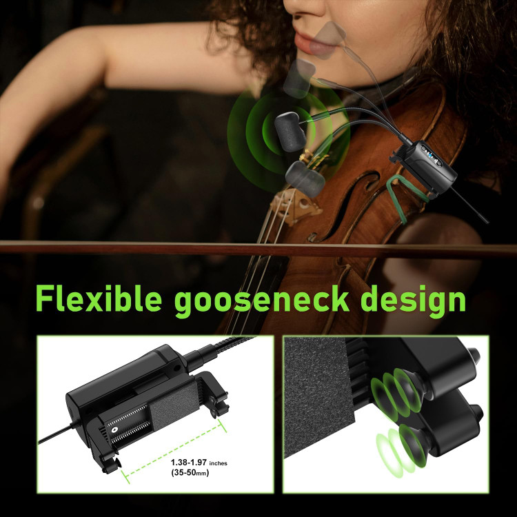 Dual UHF Violin Wireless Microphone Gooseneck Pick Up Instrument Clip-on Mic 1 Receiver and 2 Transmitter System for Violin Stage Musical Instrument Performance,Q2/VT-5