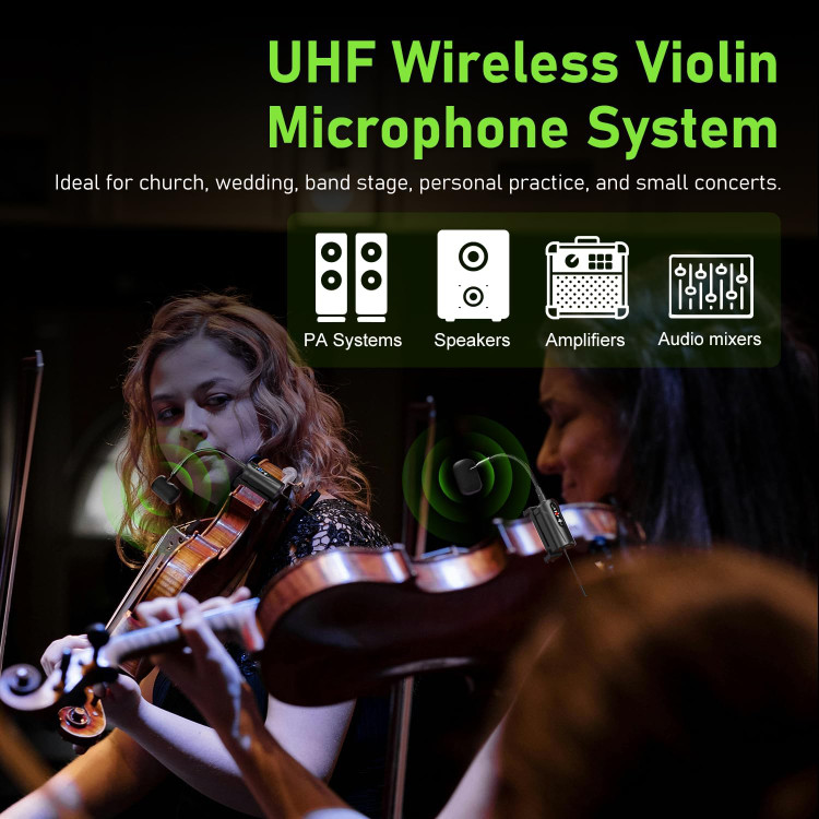 Dual UHF Violin Wireless Microphone Gooseneck Pick Up Instrument Clip-on Mic 1 Receiver and 2 Transmitter System for Violin Stage Musical Instrument Performance,Q2/VT-5